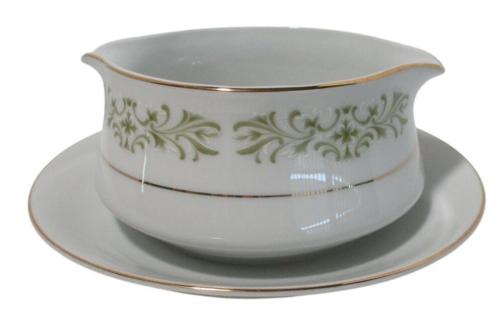 Allergo Fine China Green Scrolls White Gold Trim Gravy Boat With Attached Plate